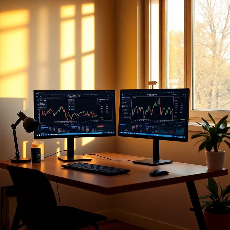 A quiet indigo-tech workspace with two trading dashboards